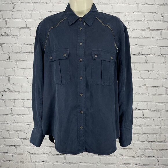 Free People Dark Blue Long Sleeve Button Up Soft Metallic Detail Size Small S - Picture 1 of 11